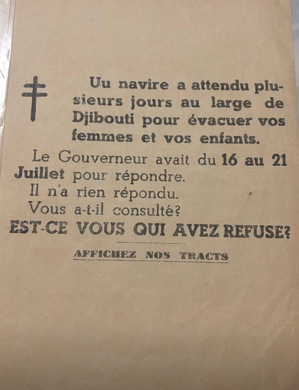 Tract lancé sur Djibouti par avion en 1942