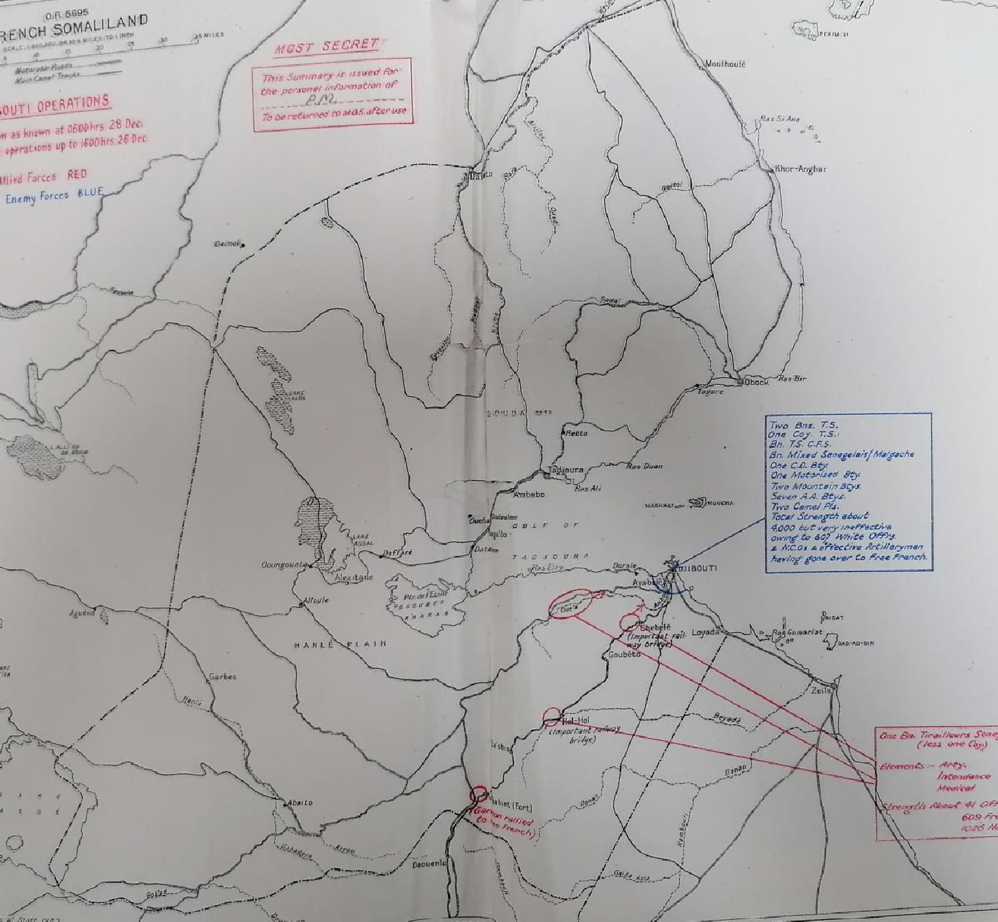 Carte militaire britannique, datée de décembre 1940, relative aux opérations autour de Djibouti