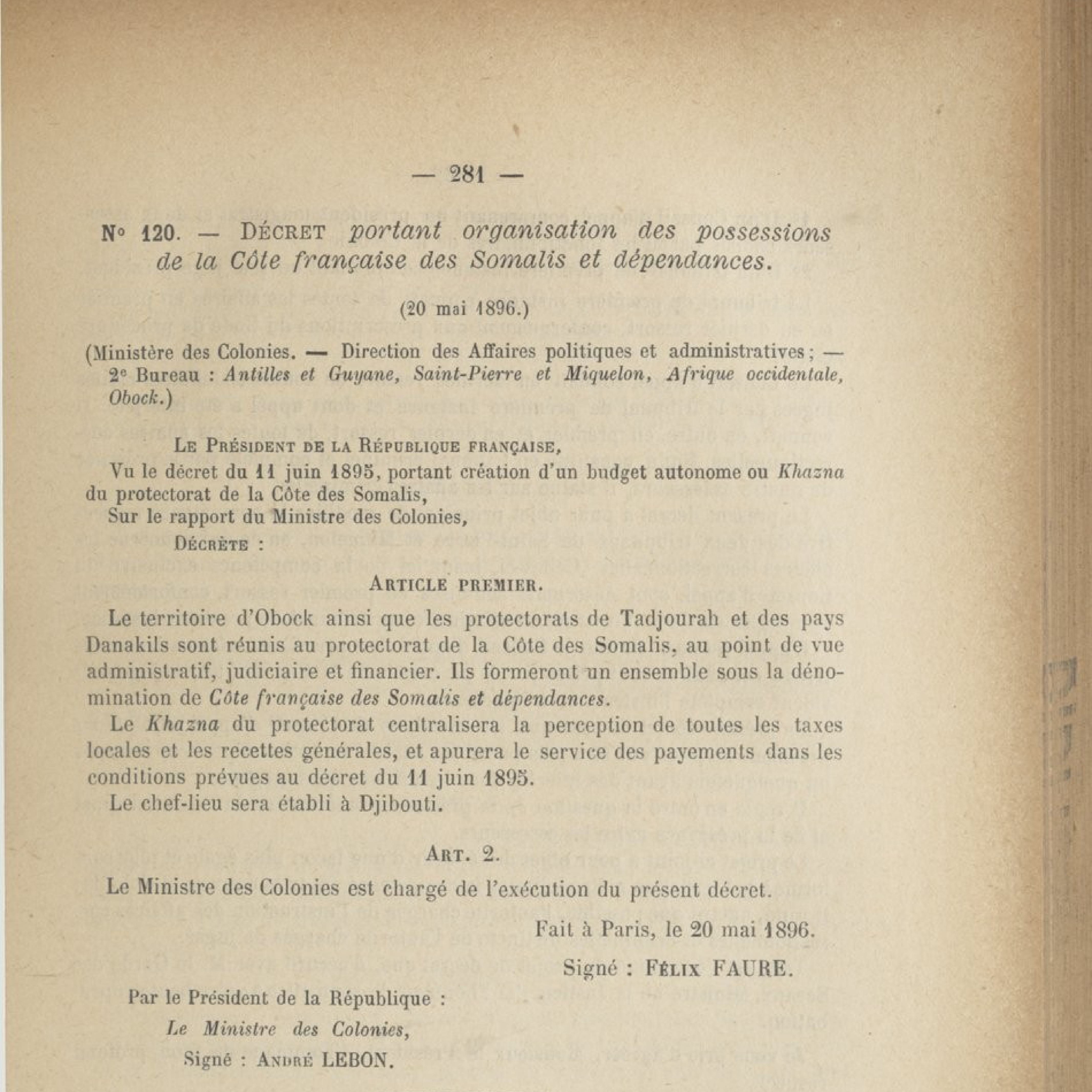 Côte française des Somalis – Djibouti chef-lieu